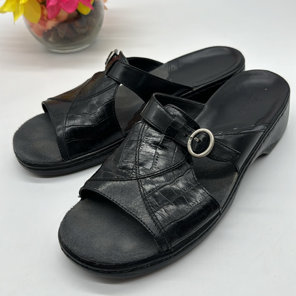 Clarks Black Leather Slide Sandals with Silver Buckle
